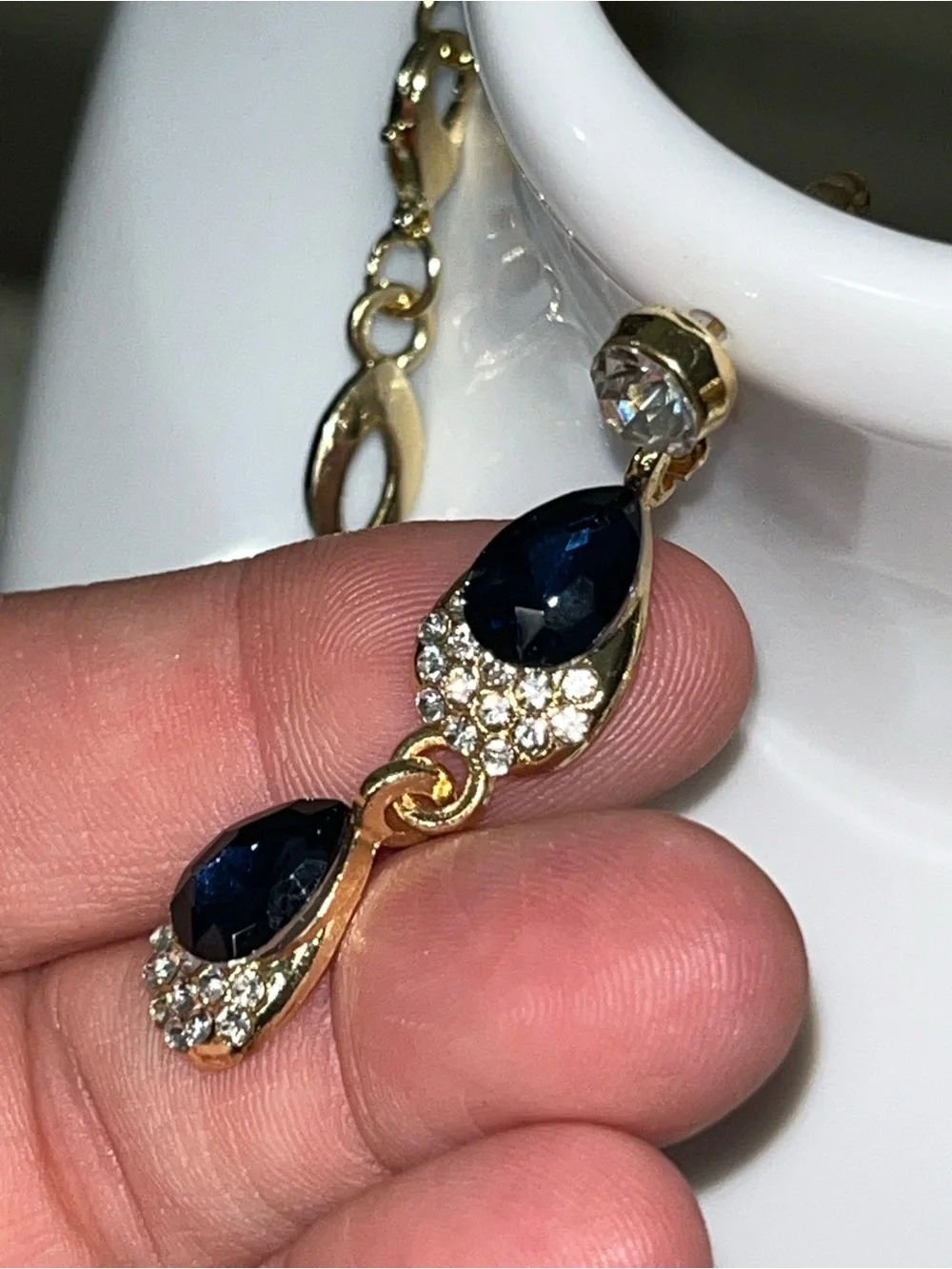 Floral Statement Necklace & Earring Set / Dark Blue & White Rhinestones NEW